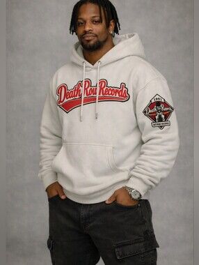 DEATH ROW RECORDS GRAPHIC LOGO HOODIE. SIZE MEDIUM. WHITE/ RED.